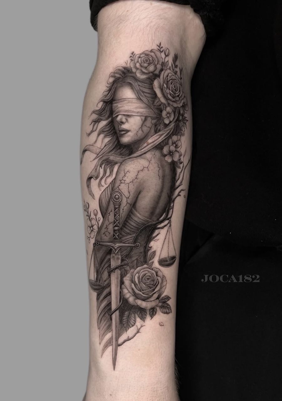 Justitia-Tattoo mit Rosen, Schwert und Waage am Oberarm